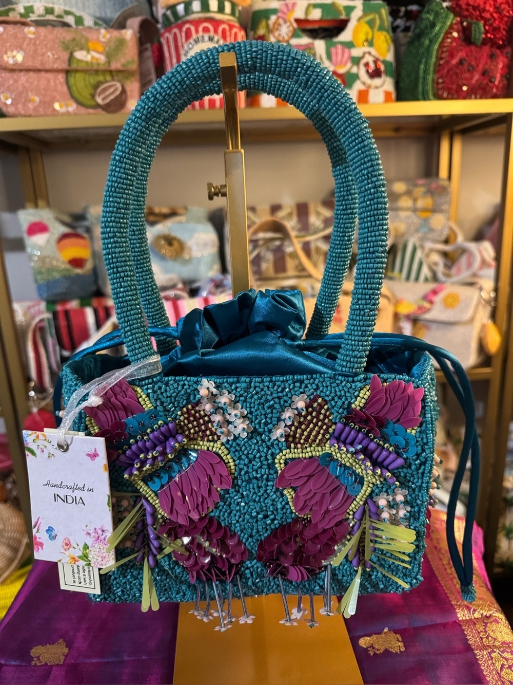 NWT Handcrafted In India Beaded Teal Floral Bucket Bag Drawstring Purse